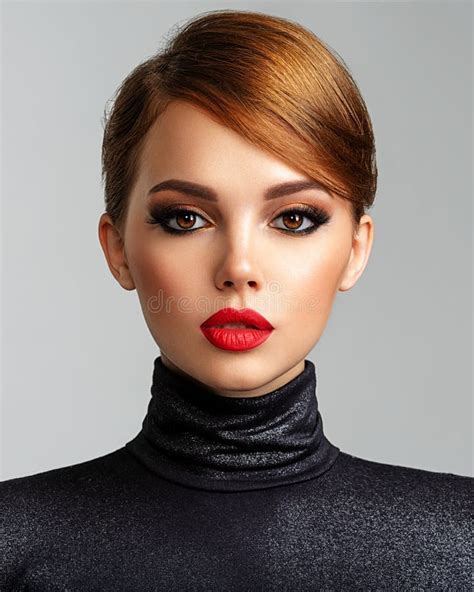 Beautiful Girl With Red Lips And Short Hair Pretty Face Of An Young