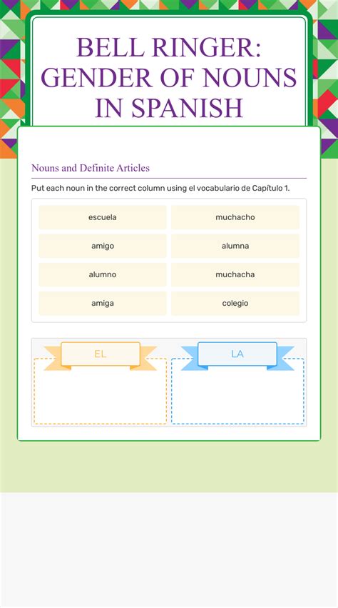 Bell Ringer Gender Of Nouns In Spanish Interactive Worksheet By Jean Thornton Wizer Me