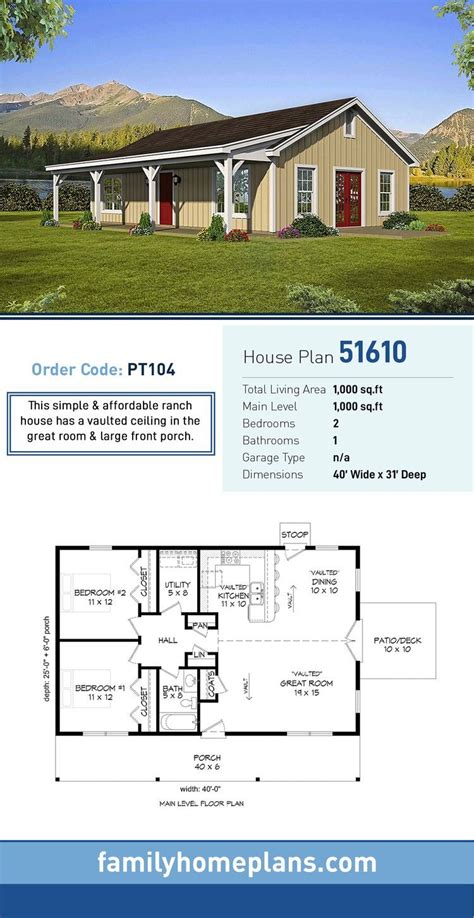 Ranch House Plan 51610 Total Living Area 1000 Sq Ft 2 Bedrooms And