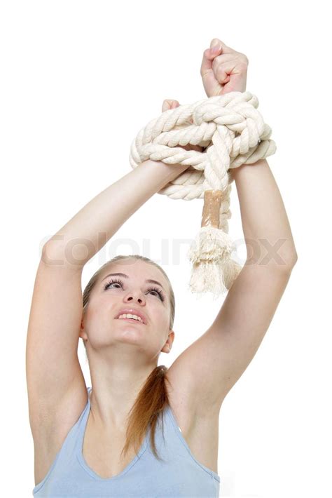 Young Woman With Tied Up Hands Over White Stock Image Colourbox