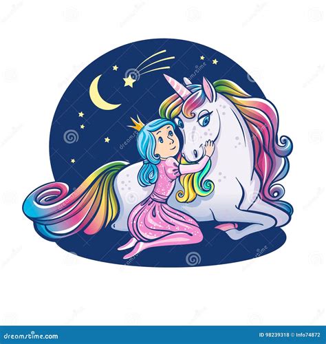 Little Princess Girl And Cute Unicorn Illustration Stock Illustration