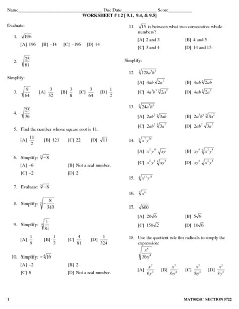 Worksheet 12 Simplifying Radicals Lesson Plan For 9th 10th Grade