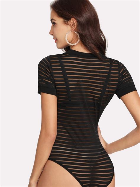 Contrast Sheer Mesh Skinny Bodysuit Sheinsheinside