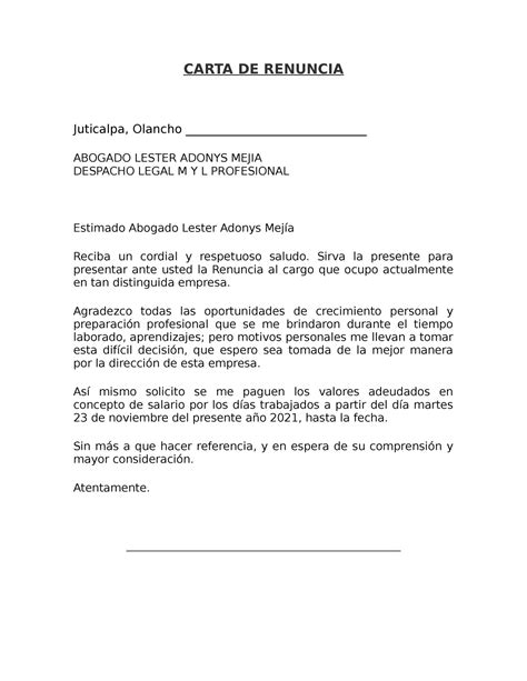 Carta De Renuncia A Un Trabajo Carta De Renuncia Juticalpa Olancho