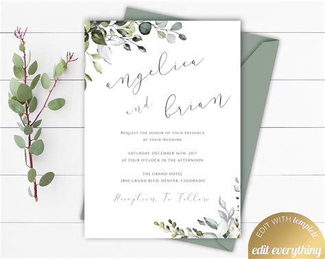 Eucalyptus Greenery Wedding Invitation Template Eucalyptus Etsy