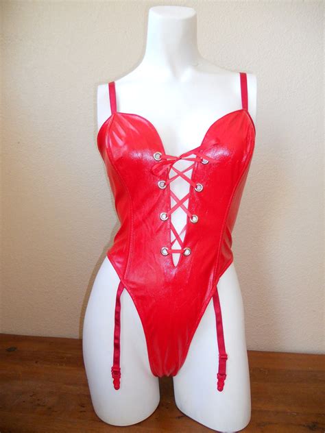 80 S 90 S Vintage Red Bodysuit Garter Corset By Ateliervintageshop