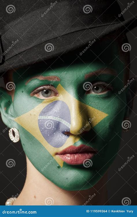 Woman Face With Painted Flag Of Brazil Stock Photo Image Of Halloween