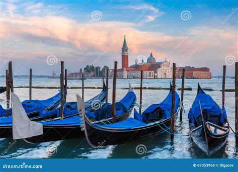 Gondolas At Twilight In Venice Lagoon Italia Stock Photo Image Of