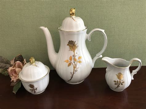 Vintage Wunsiedel Tea Set Gold Gilt Rose Pattern Bavaria Porcelain