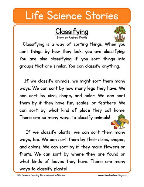 Reading Comprehension Worksheet Classifying