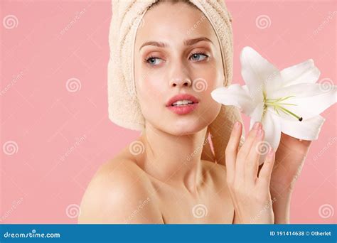 Close Up Blonde Half Naked Woman 20s Perfect Skin Nude Make Up Isolated On Pastel Pink Wall