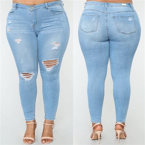Qmgood Spring Light Blue Plus Size Ripped Jeans For Women Stretch Slim
