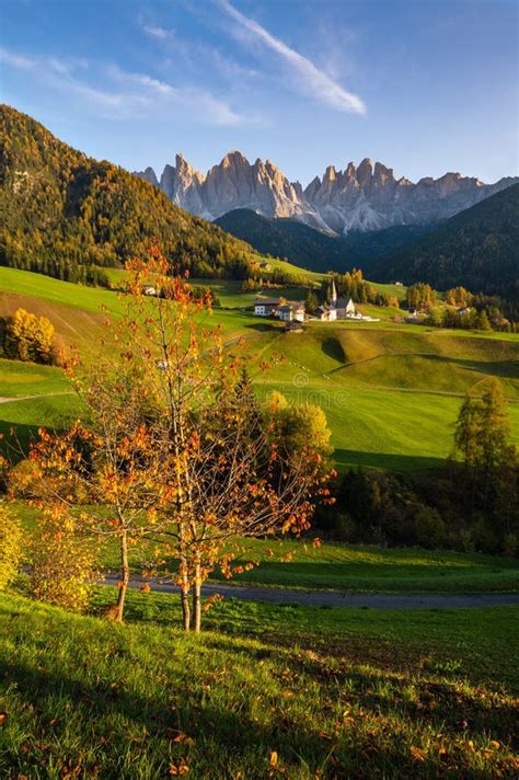 Autumn Evening Santa Magdalena Famous Italy Dolomites Village View In