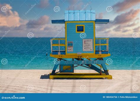 Miami Beach Lifeguard Hut 5th Street Blue And Yellow Stock Photo