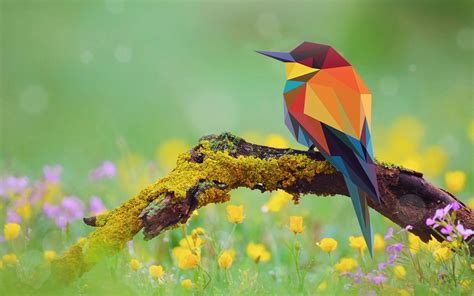 Bee Eaters Birds Branch Moss Flowers Low Poly