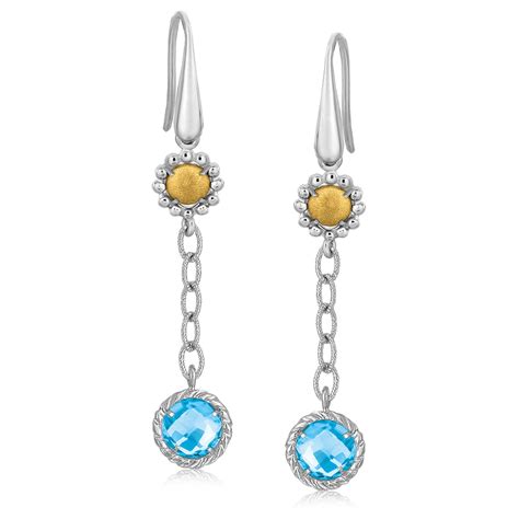 Round Blue Topaz Accented Dangling Earrings In 18K Yellow Gold And