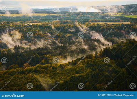 Foggy Landscape Misty Foggy Morning With Sunrise In A Valley Of