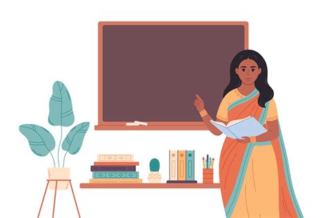 Indian Female Teacher At Classroom Near Blackboard Back To School