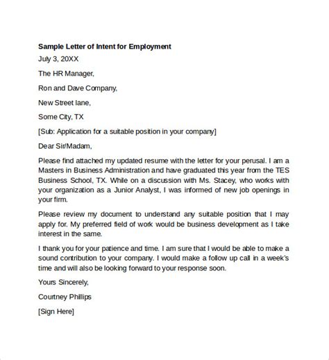 8 Letter Of Intent For Employment Templates To Download Sample Templates