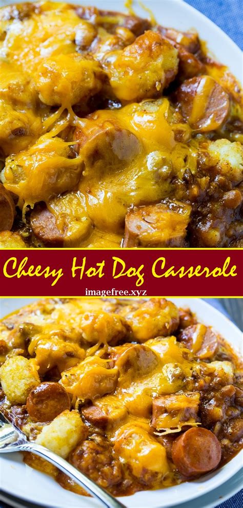 Mix all ingredients except tater tots and cheese. Cheesy Hot Dog Casserole