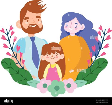 Madre Padre E Hija Relación Flores Día Familiar Vector Ilustración