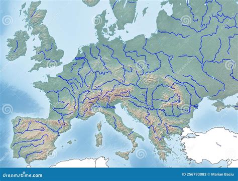 Map Of Europe Continent Illustration With The Main Rivers Stock