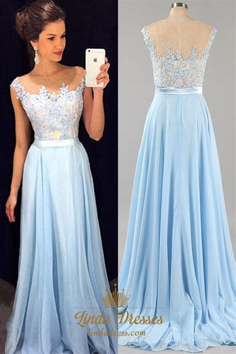 Light Blue Cap Sleeve Lace Bodice Long Prom Dress With Sheer Neckline