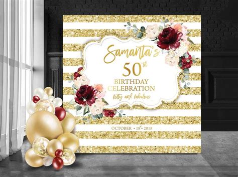 50th Birthday Backdrop Burgundy And Gold Red And Gold Etsy Bridal