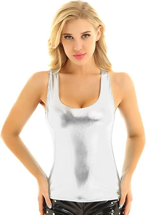 Lejafay Fashion Women S Shiny Metallic Scoop Neck Sleeveless Tank Top