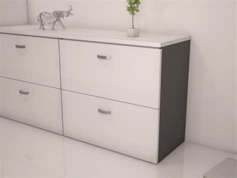 Meuble en acier recouvert de peinture laquée epoxy gris ral 7035, comportant 4 tiroirs pour dossiers suspendus. Armoire basse bicolore pour Dossiers suspendus