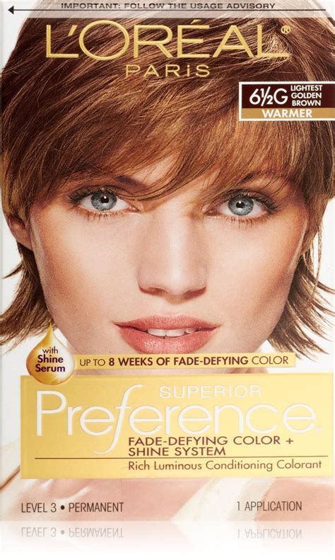 The kit comes in a box, with a color chart on the back so you can compare. Loreal Preference 6.5G Lightest Golden Brown