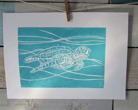 Myrtle The Turtle Lino Print Hand Made Printed Sea Turtle Etsy