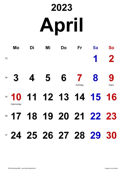 Kalender April 2023 Als Word Vorlagen