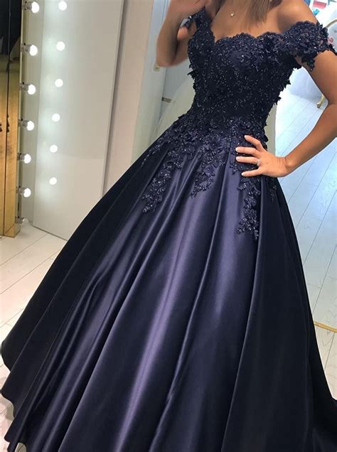 Charming Ball Gown Off The Shoulder Navy Blue Long Prom Dress With