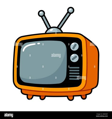 Vintage Television Set In Cute Cartoon Style Orange Tv With Antenna