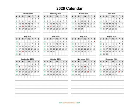 Yearly Monday To Sunday Calendar 2020 With Week Numbers