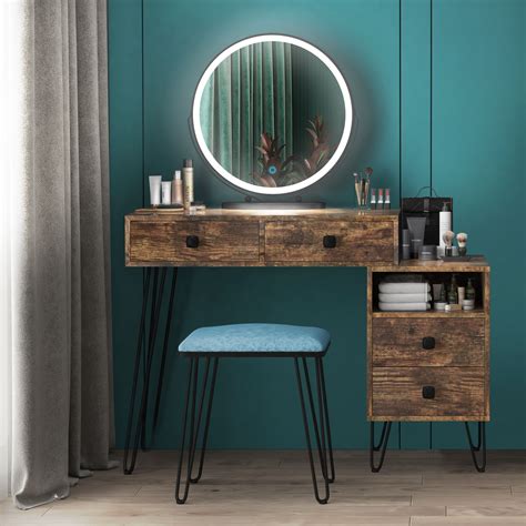 Lvsomt Vanity Table Set With Lighted Mirror Stool And 4 Drawers