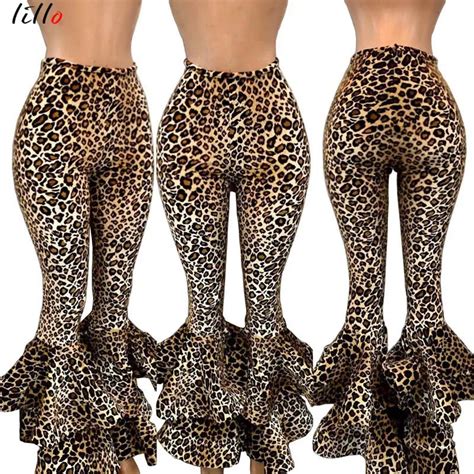 Fashion Sexy Leopard Print Ruffled Flared Pants Unique Design Wild Style Sexy Personality