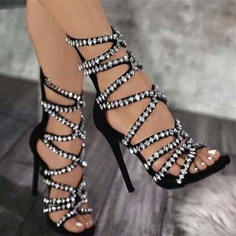 sexy bling rhinestones drilled straps sandals stiletto high heel women open toe glitter crystal