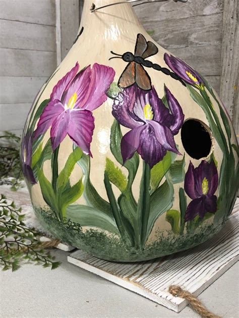 Iris And Dragonfly Hand Painted Gourd Birdhouse Purple Pink In 2021
