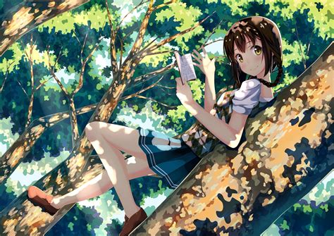 Anime Girl Tree Book Smile Cute Wallpapers Hd Desktop And Mobile