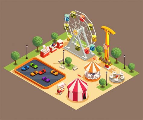 Composición colorida del parque de atracciones con circo y varias atracciones isométrica d