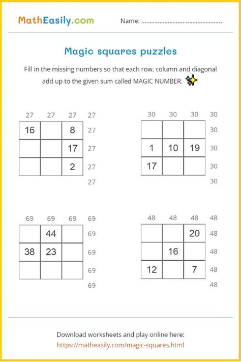 Magic Squares Puzzles Online Worksheets