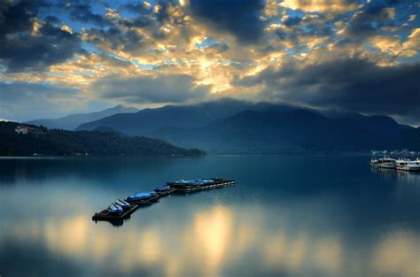 Bay Boats Mountains Steam Clouds Sky Reflection F Wallpaper 2048x1356