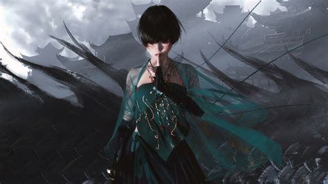 Black Hair Building Chinese Clothes Clouds Elbow Gloves Ghostblade