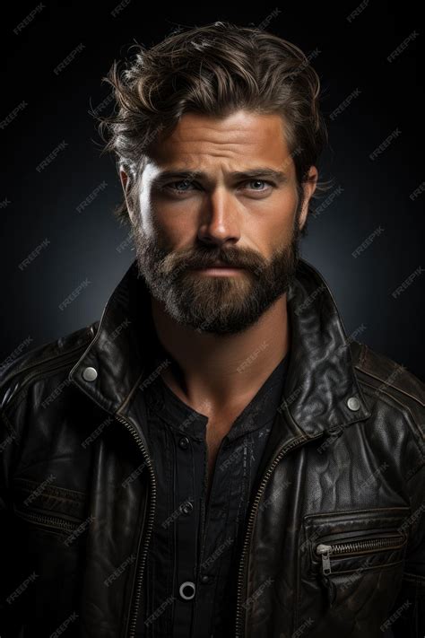 premium ai image a man with a beard and mustache wearing a leather jacket