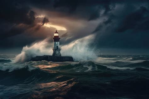 Lighthouse Surrounded By Stormy Sea And Lightning Stock Illustration