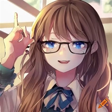 Anime Girl With Brown Hair Glasses And Blue Eyes Laughs With Her Best