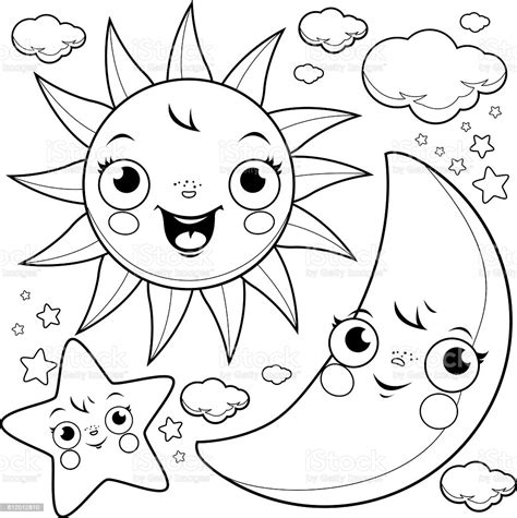 The coloring pages are suitable for children from kindergarten to elementary school. Sun Moon And Stars Coloring Page Stock Illustration ...