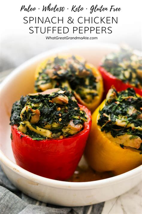 Creamy and packed with flavors, these chicken stuffed peppers surely tantalize your taste buds rights. Spinach and Chicken Paleo Stuffed Peppers (Whole30, Keto ...